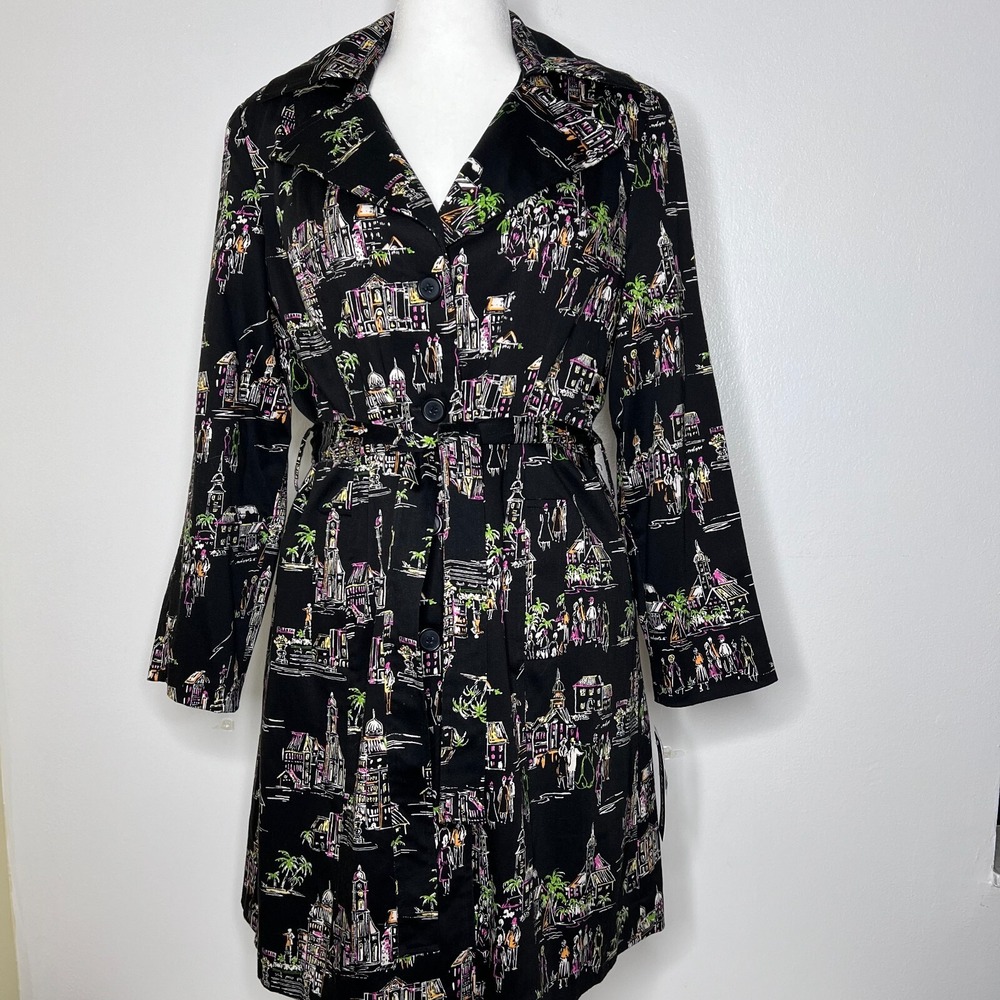 Silkland Women's Coat Size 14 Black Tie‎ Belt Button Up Lined Trench Jacket NWT